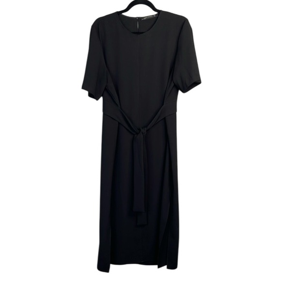 Zara Woman Tied Waist Shift Dress Midi Black Size XL - Picture 2 of 11